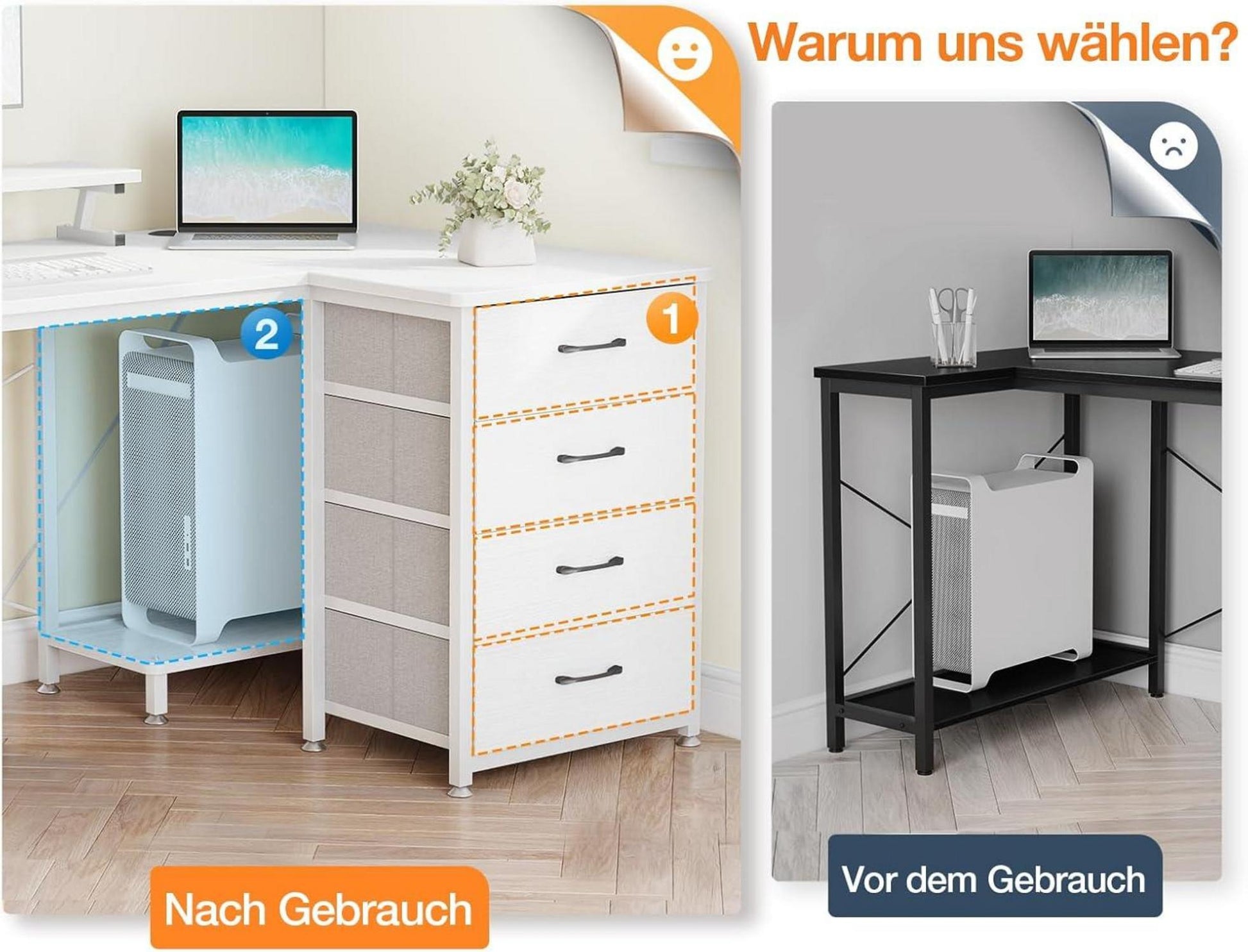 Weißer Eckschreibtisch 140x80cm mit 4 Schubladen & LED - Gaming L-Form Home