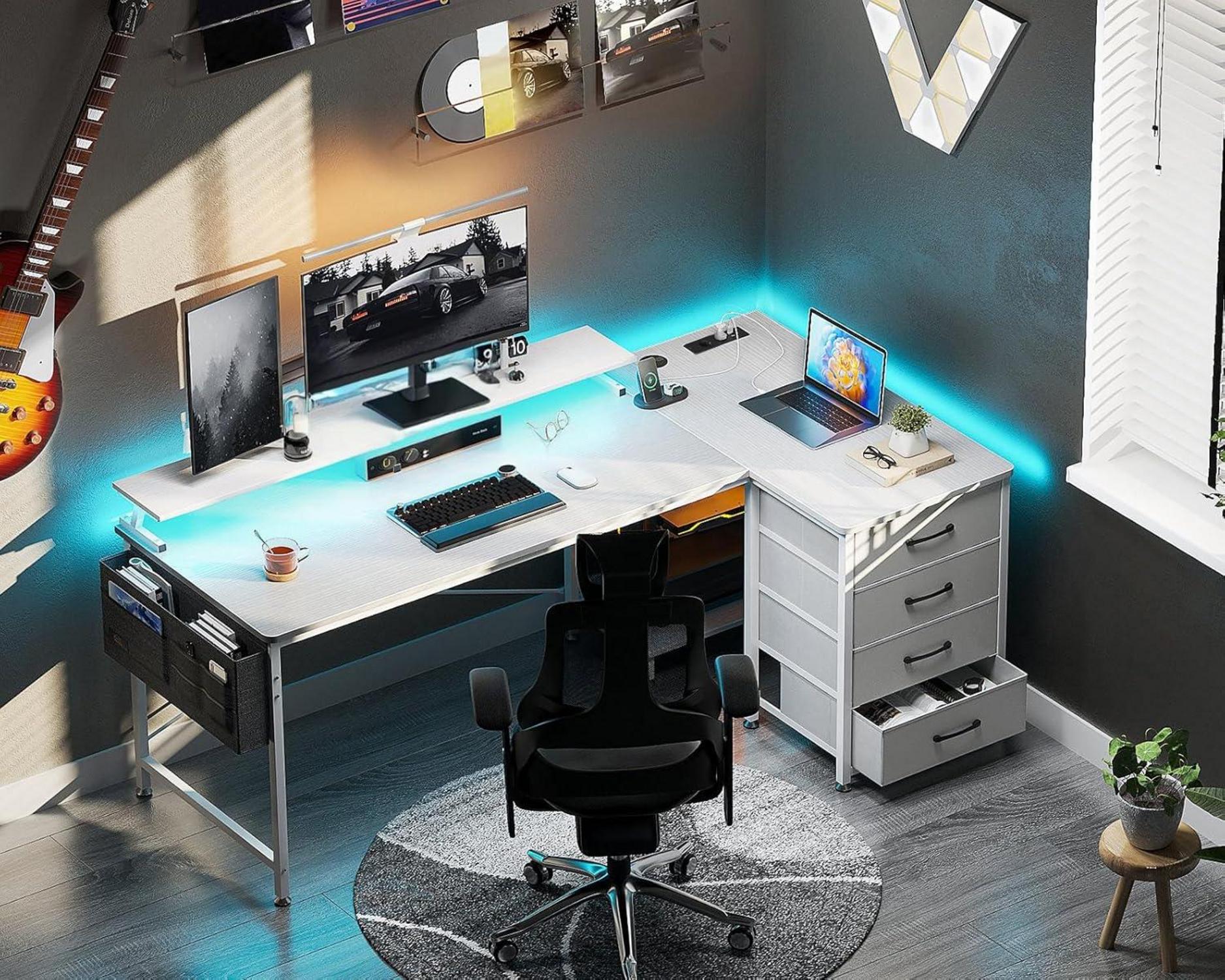 Eckschreibtisch Weiß 140x80cm mit 4 Schubladen LED Gaming Tisch L Form