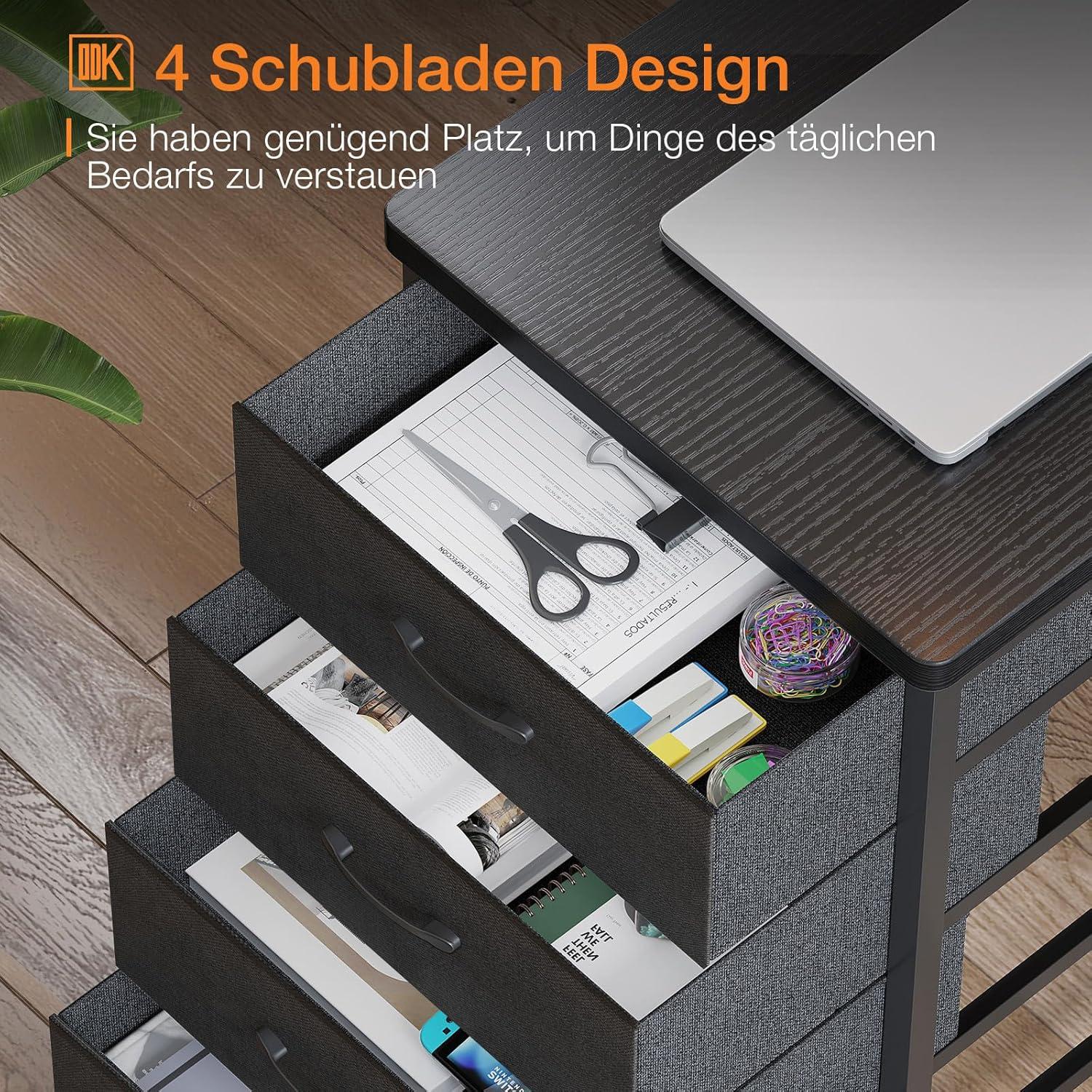 ODK L-förmiger Schreibtisch mit USB-Ladeanschluss und Steckdose, 4 Schubladen, Monitorablage - Schwarz, 160x80x84.7cm