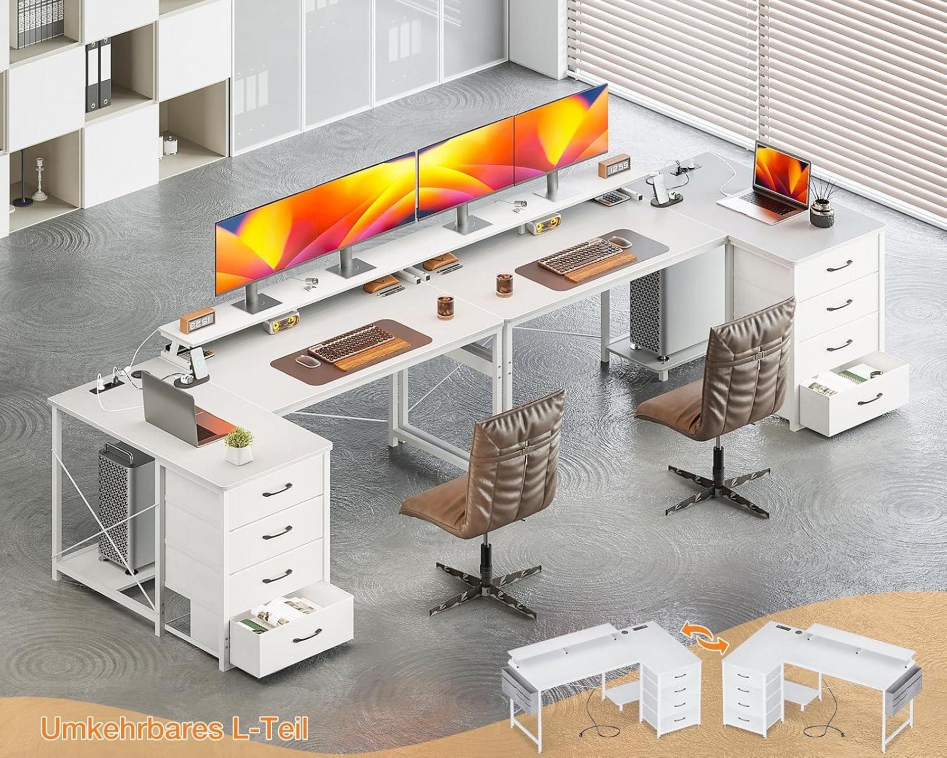 Eckschreibtisch Weiß mit Stauraum und USB-Ladeanschluss, 160x80cm