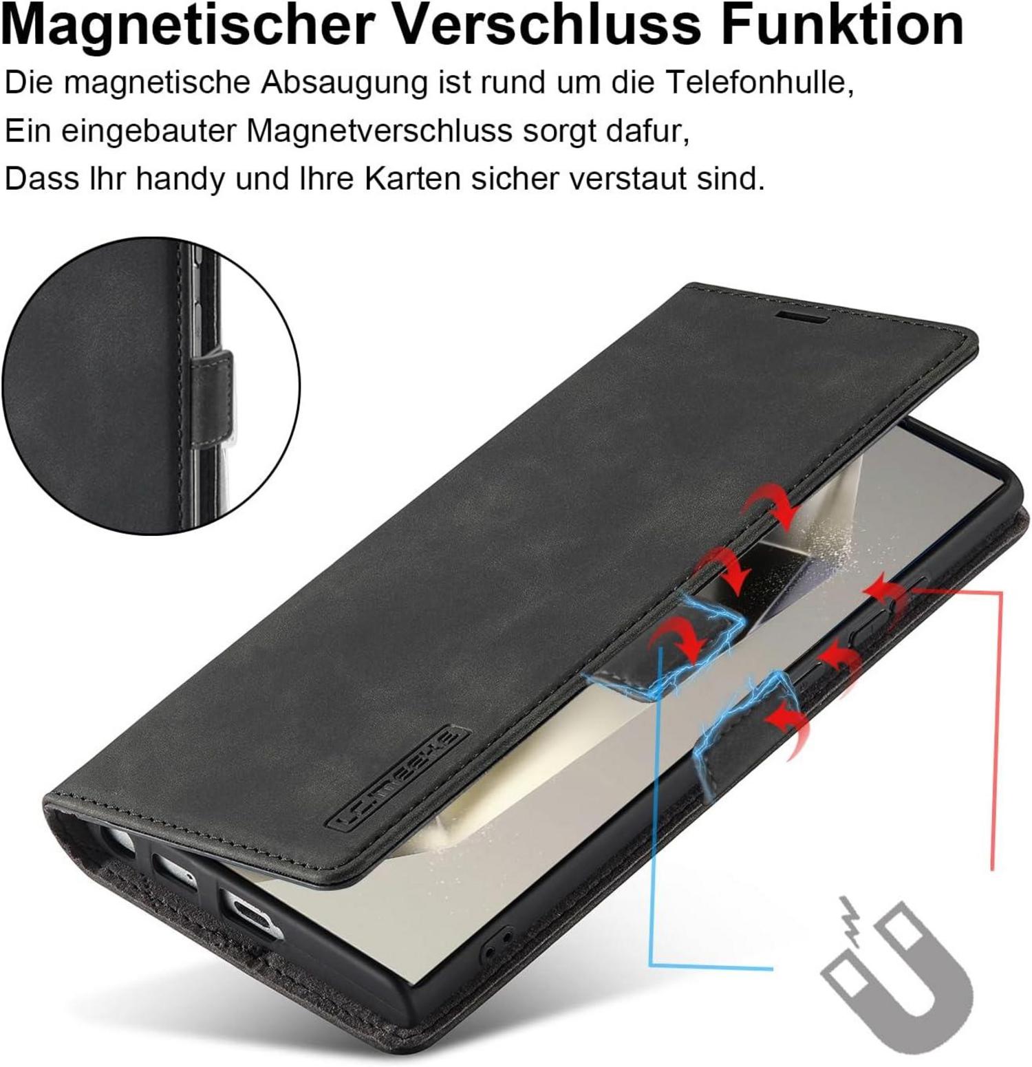 Handyhülle Samsung Galaxy S24 Ultra Leder Wallet Flip Cover Schwarz