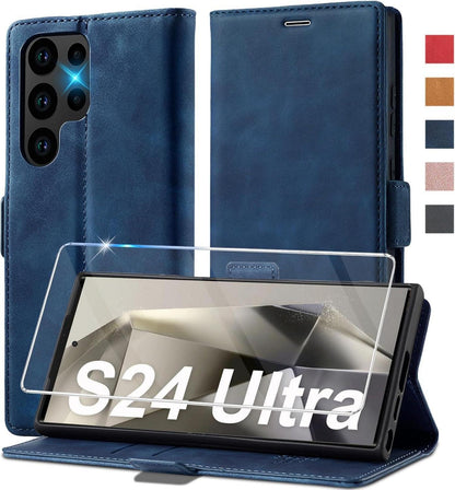 Samsung Galaxy S24 Ultra Hülle Leder Flip Wallet mit Schutzfolie