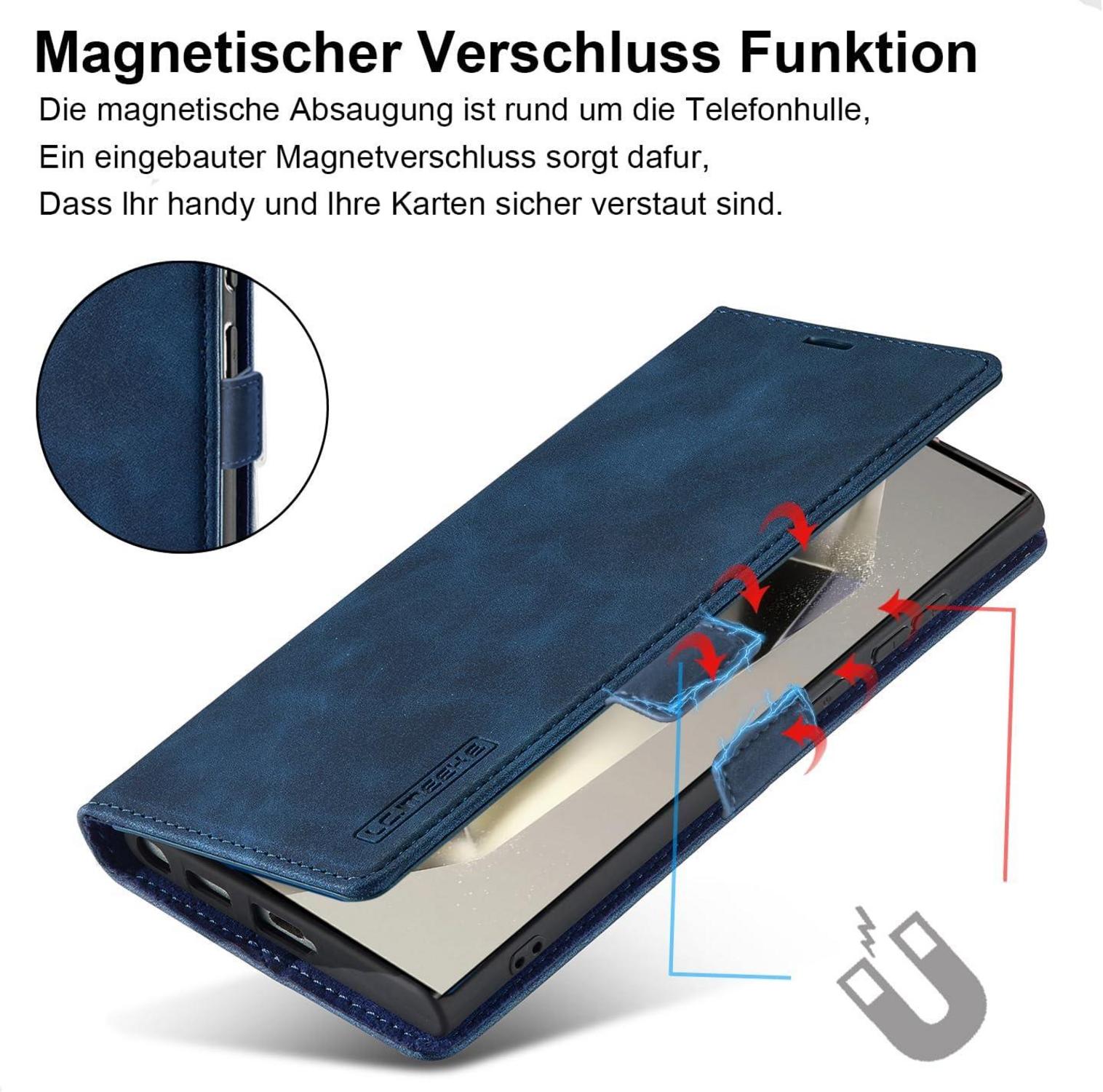 Ailicici Samsung S24 Ultra Hülle Leder Wallet mit Schutzfolie Blau