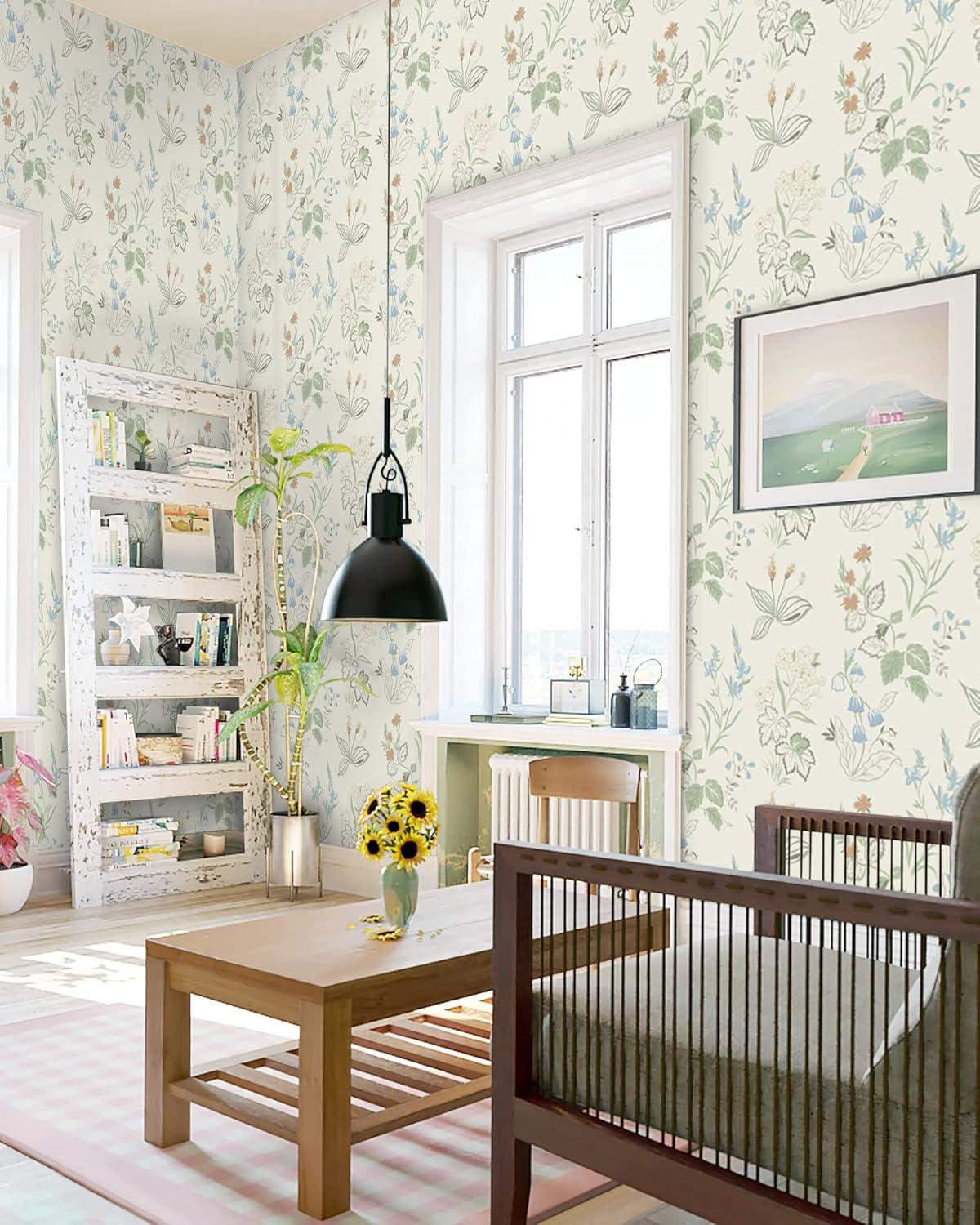 Selbstklebende Blumentapete 39×500cm Beige Grün Blumenmuster Vinyl Klebefolie