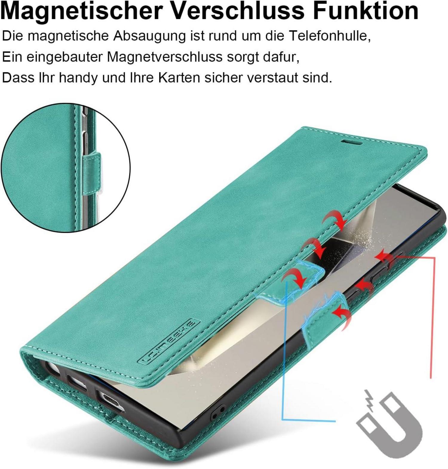 Samsung S24 Ultra Hülle: Leder Flip Wallet Schutzhülle Grün