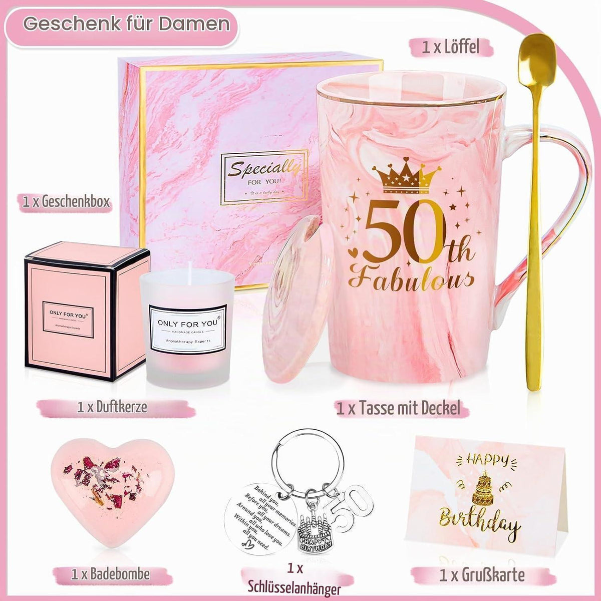 Geschenkset 50. Geburtstag Frau | Rosa mit Tasse & Wellness