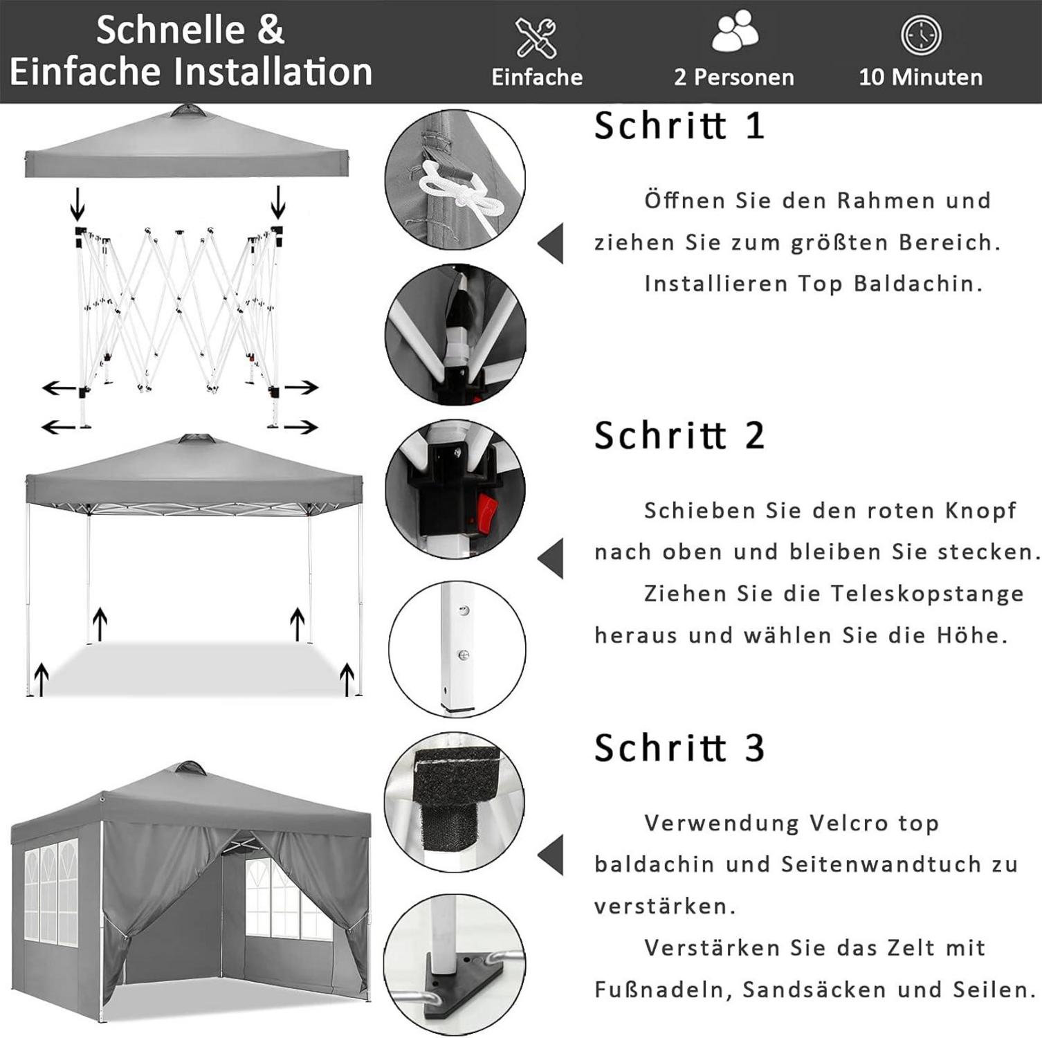Wasserdichter Faltpavillon 3x3m Stabil Winterfest mit Entlüftung