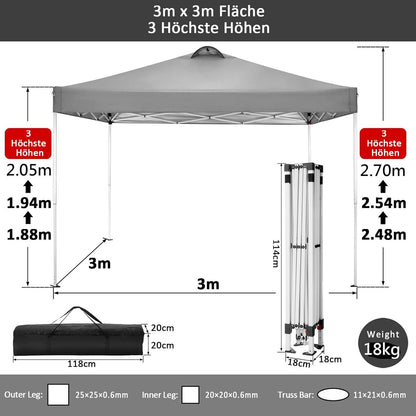 Pavillon 3x3m Wasserdicht Stabil Winterfest 4 Seitenteilen Grau