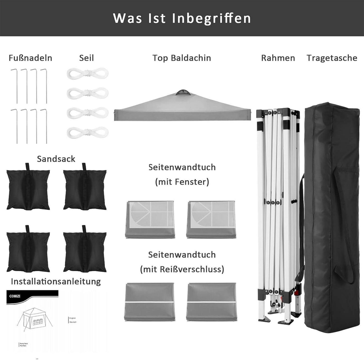 COBIZI Pavillon 3x3m Wasserdicht Stabil Winterfest mit 4 Seitenteilen Sandsack