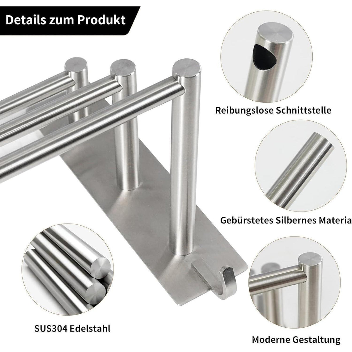 Handtuchhalter 3 Stangen ohne Bohren 75cm Edelstahl Silber