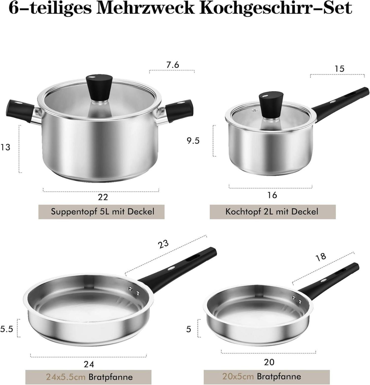 Induktions Pfannenset 6tlg. Edelstahl Rostfrei Herd Hitzebeständig
