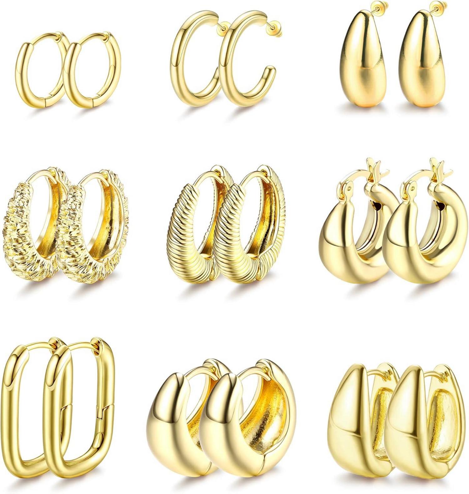 Gold Creolen Ohrringe Set Damen 9x 14K Vergoldet Hypoallergen Chunky