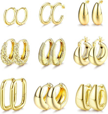 Gold Creolen Ohrringe Set Damen 9x 14K Vergoldet Hypoallergen Chunky