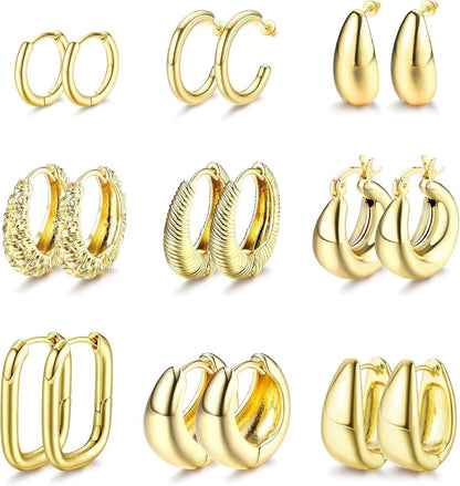 Gold Creolen Ohrringe Set Damen 9x 14K Vergoldet Hypoallergen Chunky