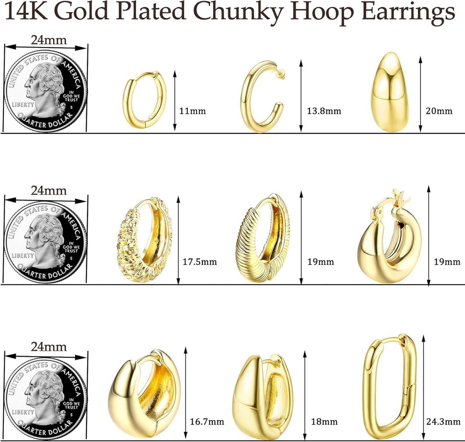 Gold Creolen Ohrringe Set Damen 9x 14K Vergoldet Hypoallergen Chunky