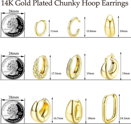 Gold Creolen Ohrringe Set Damen 9x 14K Vergoldet Hypoallergen Chunky