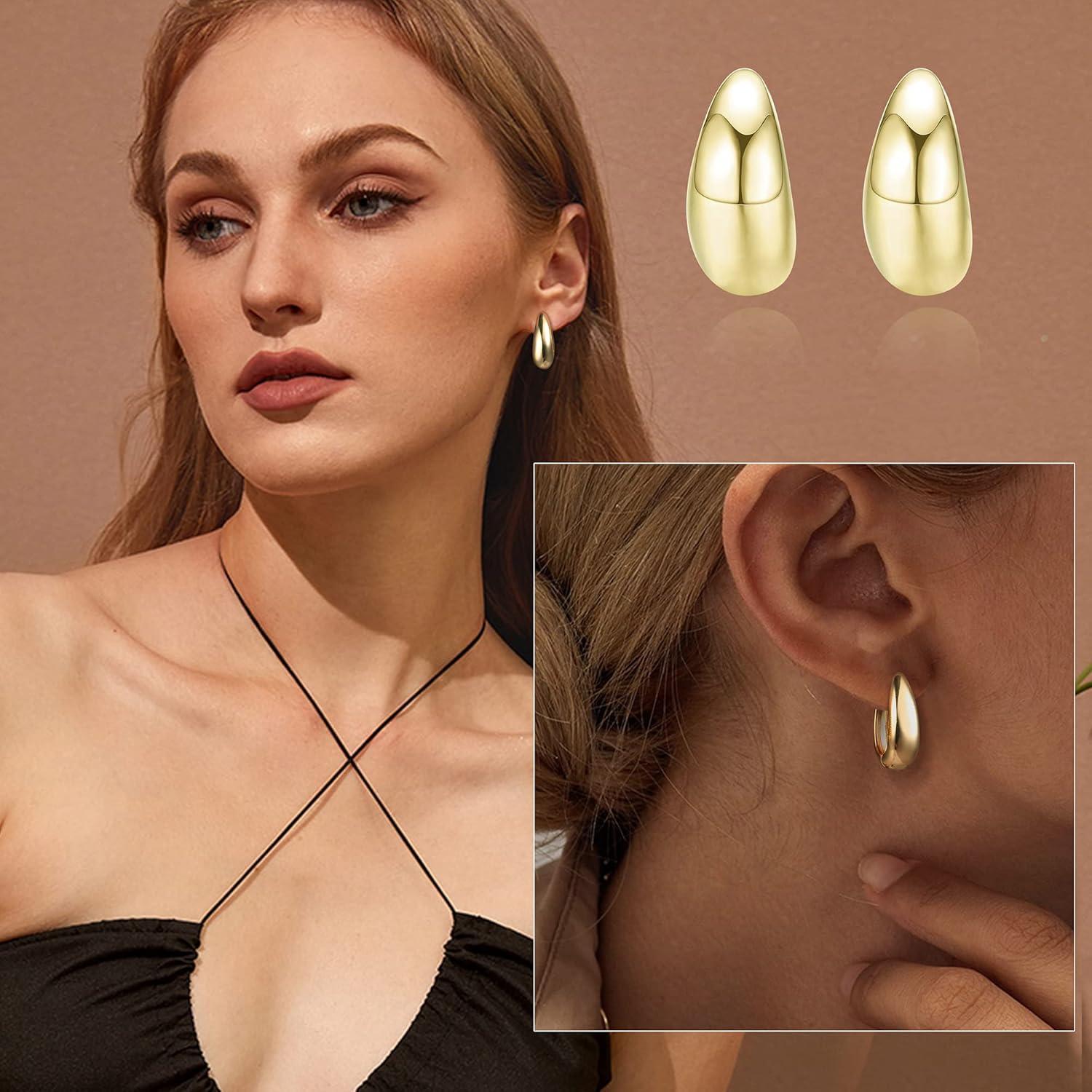 Gold Creolen Ohrringe Set Damen Mädchen 14K Vergoldet Hypoallergen Chunky Kleine