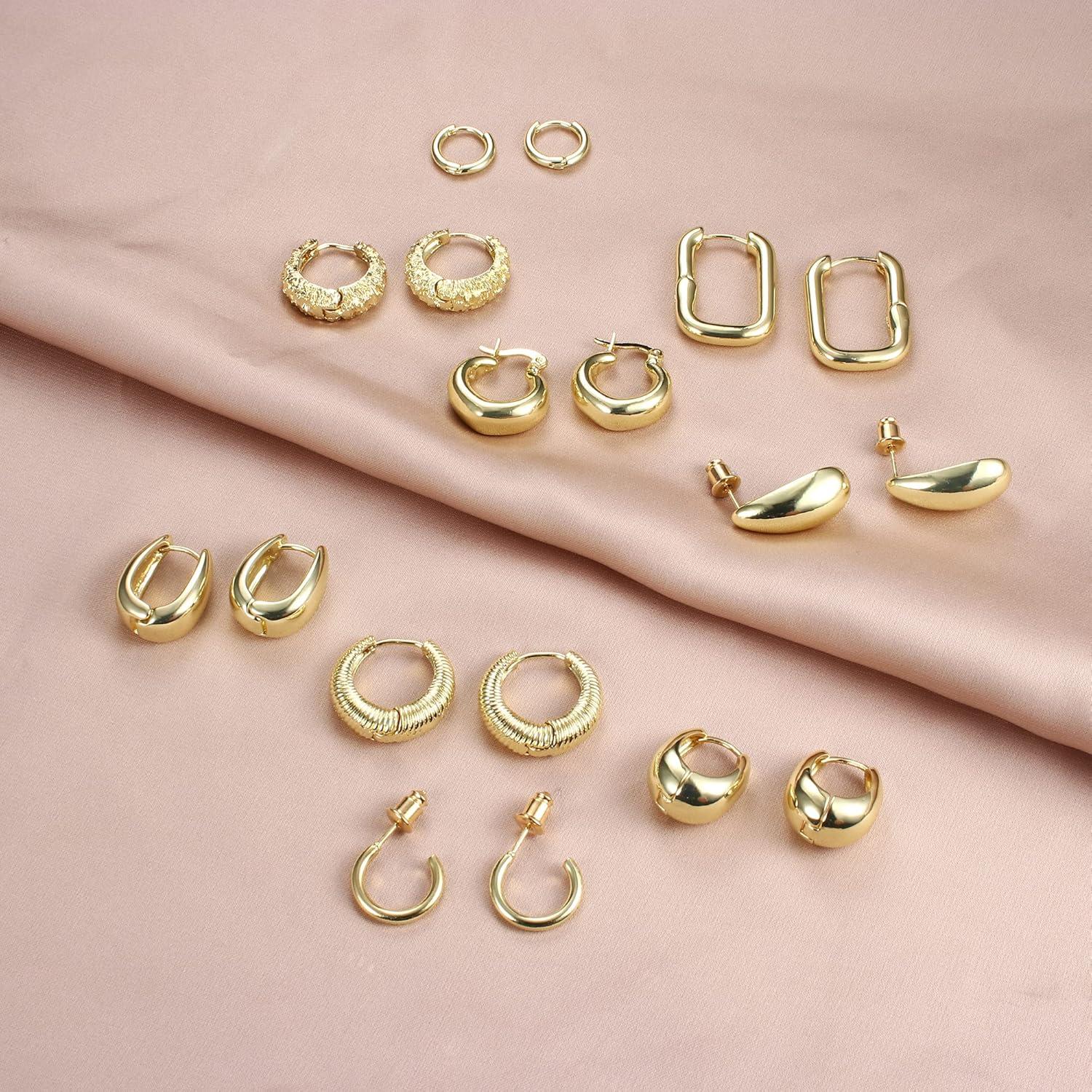 9 Paar Goldene Creolen Ohrringe Set Damen Mädchen 14K Vergoldet Chunky