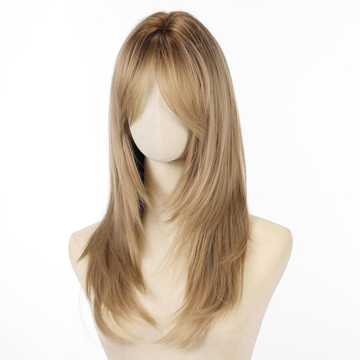 Blonde lange gerade Perücke mit Pony – Synthetisch & natürlich
