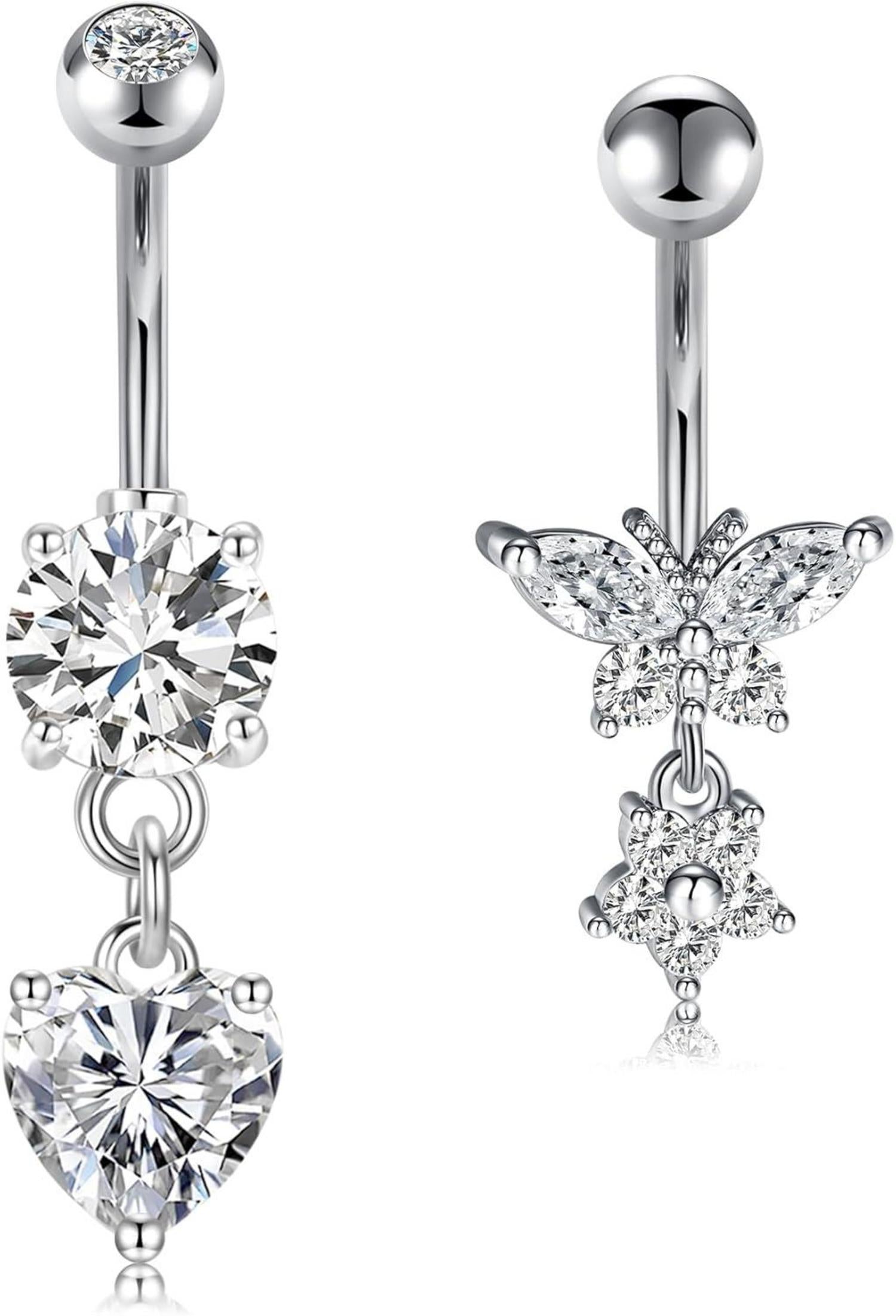 14G Bauchnabelpiercing Set Herz Schmetterling Zirkonia Silber Gold