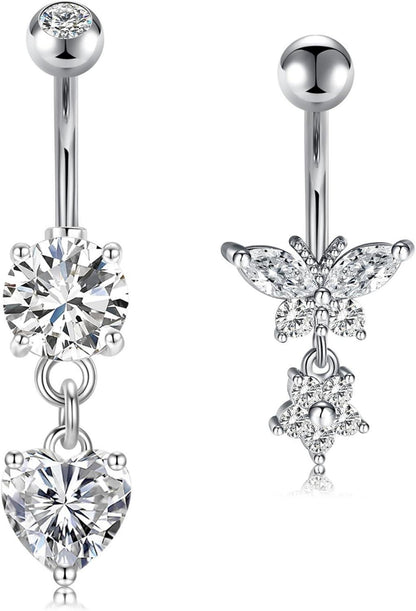 14G Bauchnabelpiercing Set Herz Schmetterling Zirkonia Silber Gold