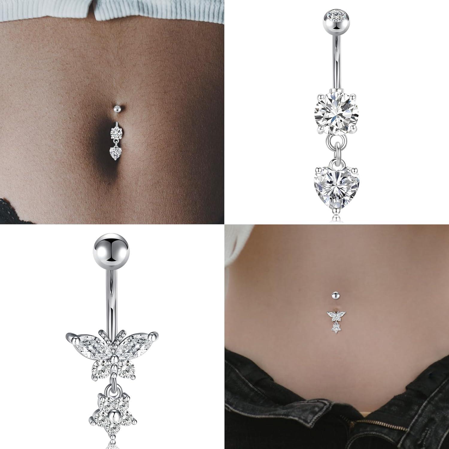 14G Bauchnabelpiercing Set Herz Schmetterling Kristall
