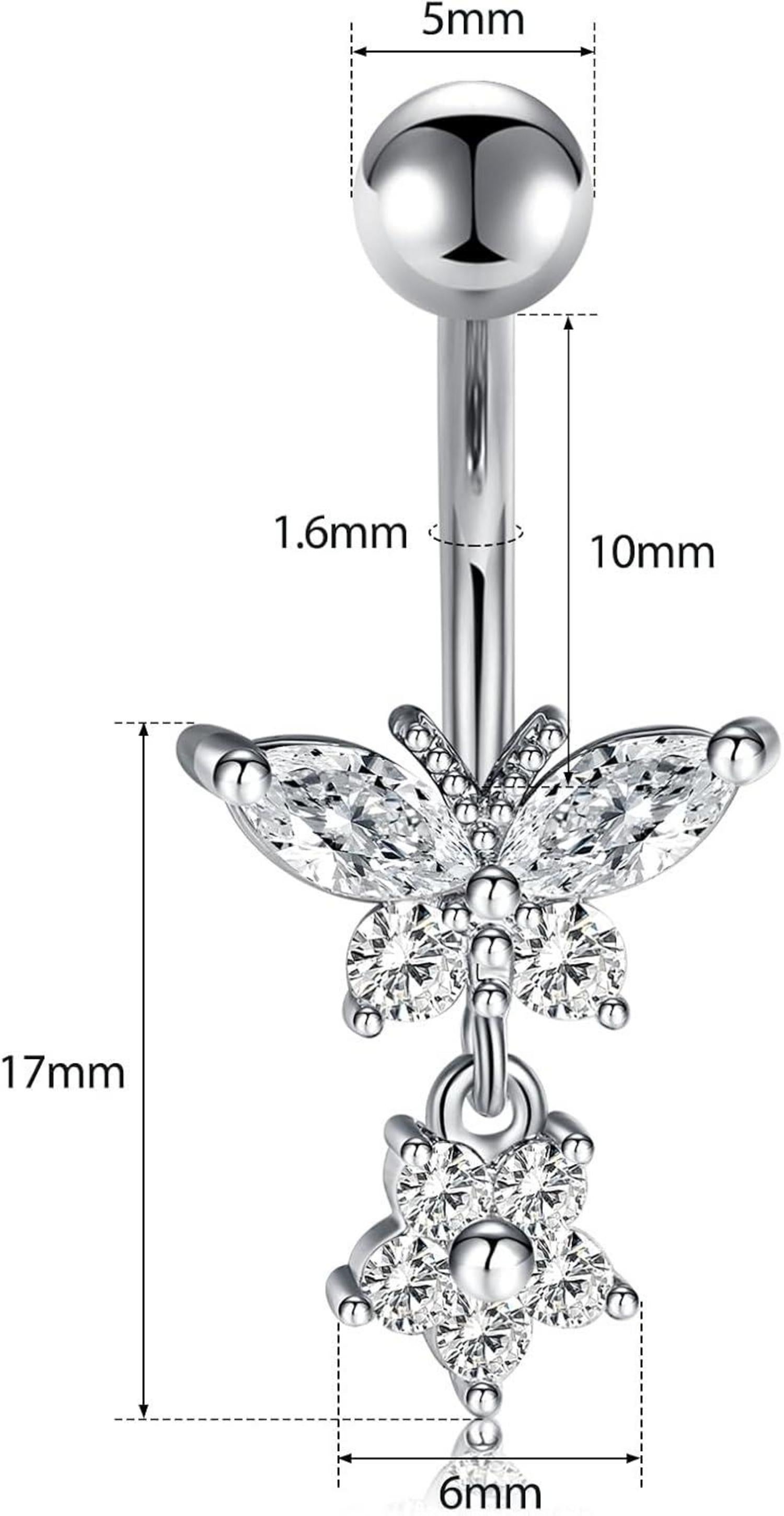 14G Bauchnabelpiercing Set Herz Schmetterling Zirkonia Silber Gold