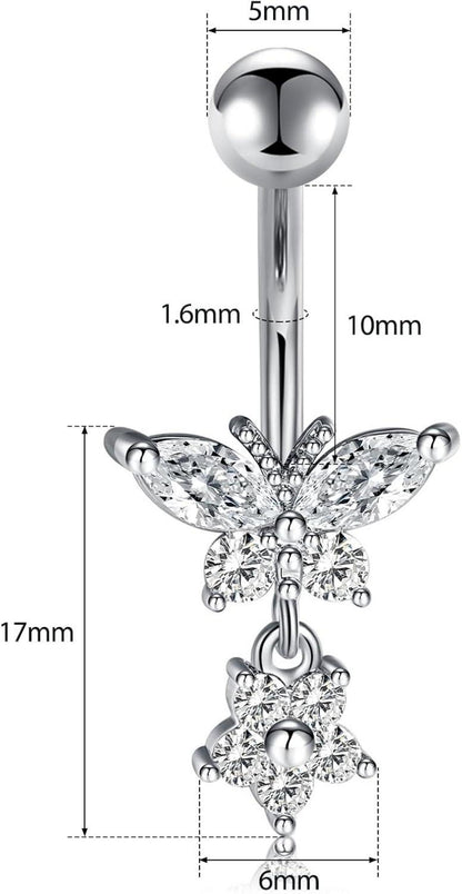 14G Bauchnabelpiercing Set Herz Schmetterling Zirkonia Silber Gold