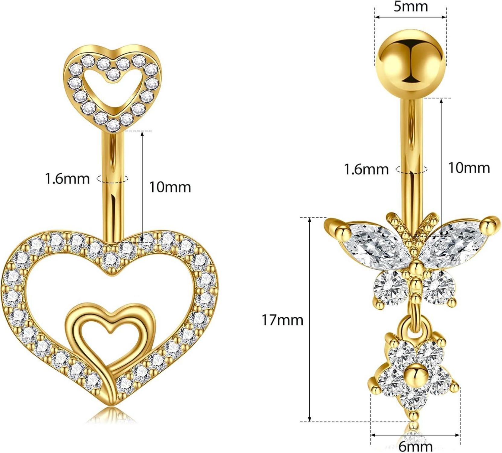 NIUSIMAN 3er Set Bauchnabelpiercing 14G Silber Gold Chirurgenstahl Schmetterling Herz Diamant Barbell