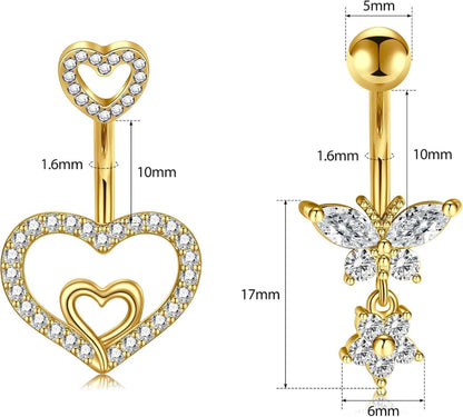 NIUSIMAN 3er Set Bauchnabelpiercing 14G Silber Gold Chirurgenstahl Schmetterling Herz Diamant Barbell