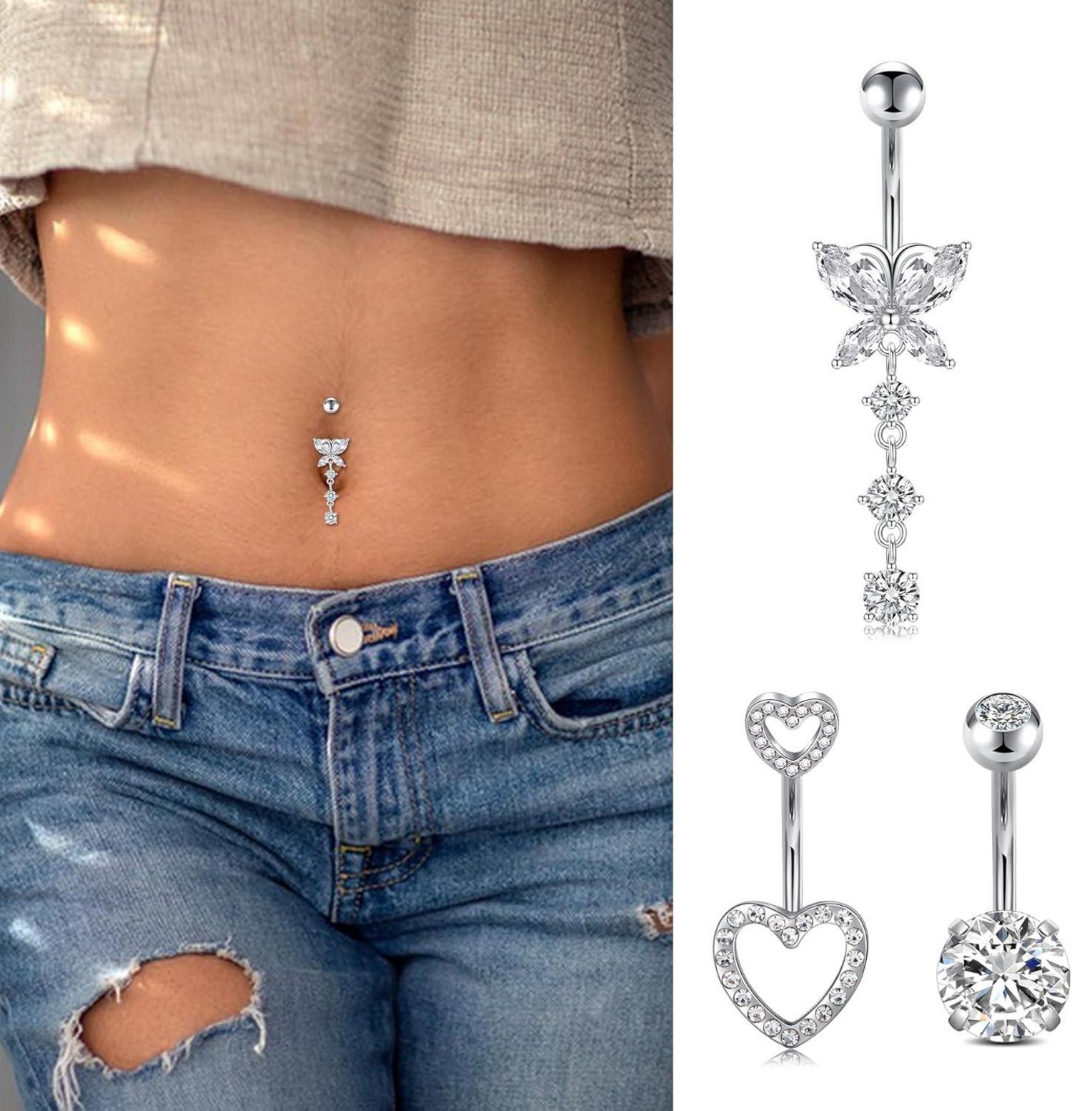 Bauchnabelpiercing Set 14G Silber Gold Herz Schmetterling Diamant