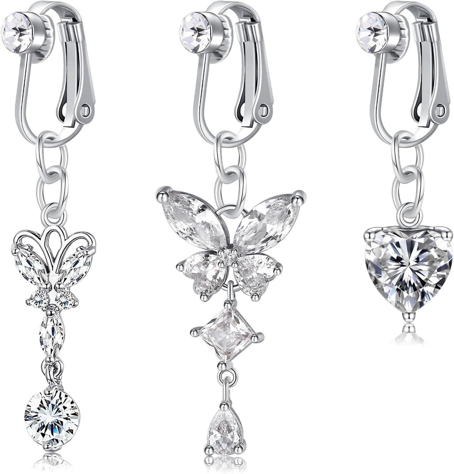 3er Set Fake Bauchnabelpiercing Silber CZ Herz Schmetterling