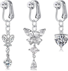 3er Set Fake Bauchnabelpiercing Silber CZ Herz Schmetterling