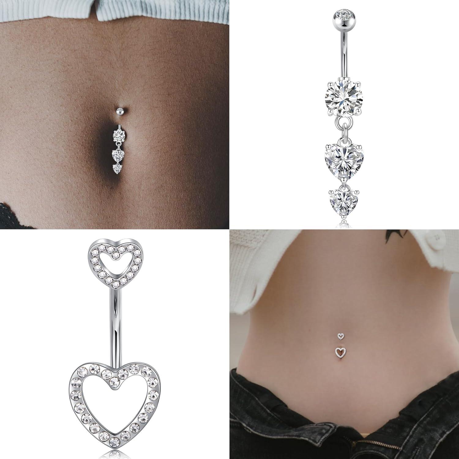 14G Bauchnabelpiercing Set Herz Gold Silber Zirkonia 10MM 2Stk