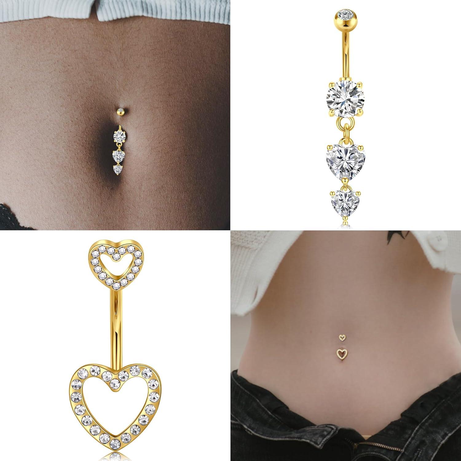 Bauchnabelpiercing Herz Gold Silber Zirkonia Set 14G 2 Stück