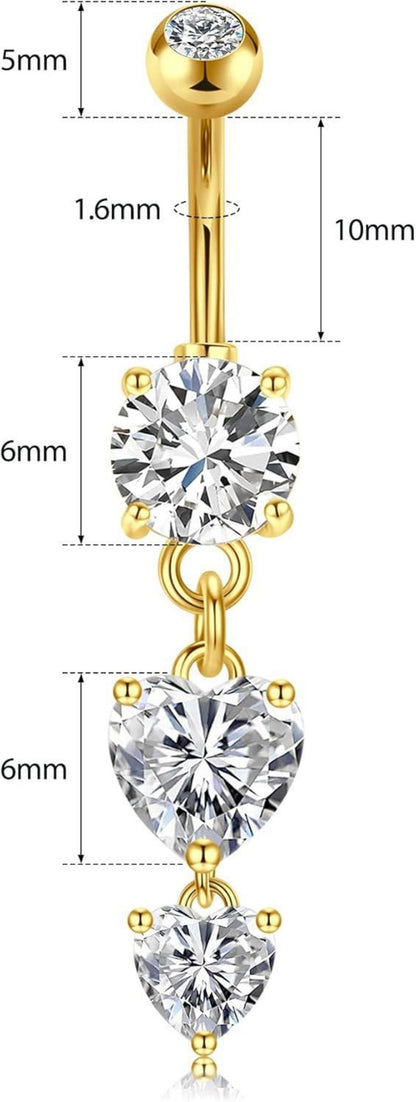 14G Bauchnabelpiercing Set, Herz Anhänger Gold Silber Zirkonia Kristall Ringe