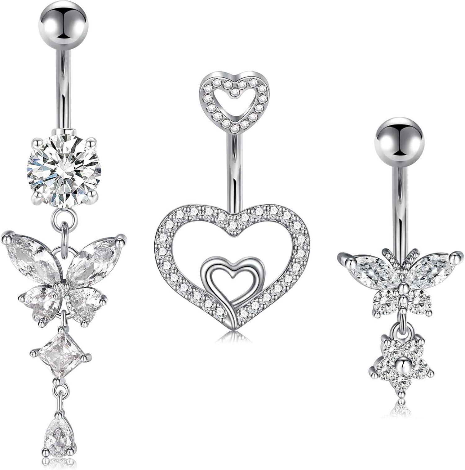 Bauchnabelpiercing Set Herz Schmetterling Diamant 14G Silber Gold