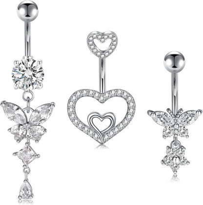 Bauchnabelpiercing Set Herz Schmetterling Diamant 14G Silber Gold