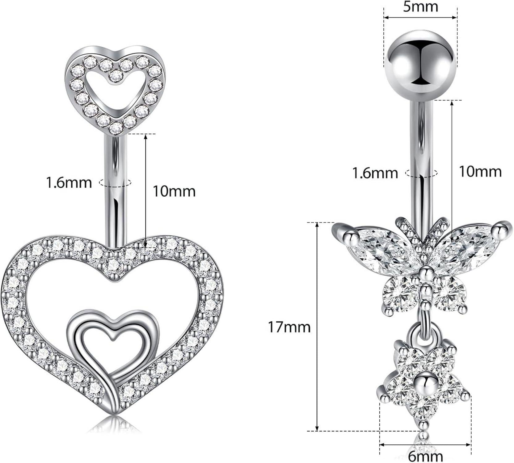 3er Set Bauchnabelpiercing Chirurgenstahl Silber Gold Herz Schmetterling 14G