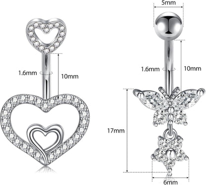 3er Set Bauchnabelpiercing Chirurgenstahl Silber Gold Herz Schmetterling 14G