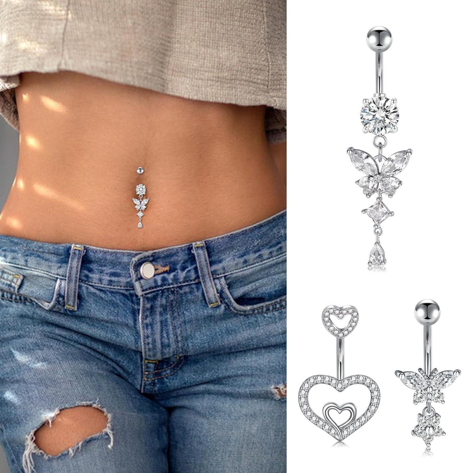 3er Set Bauchnabelpiercing 14G Silber Gold Herz Schmetterling Diamant