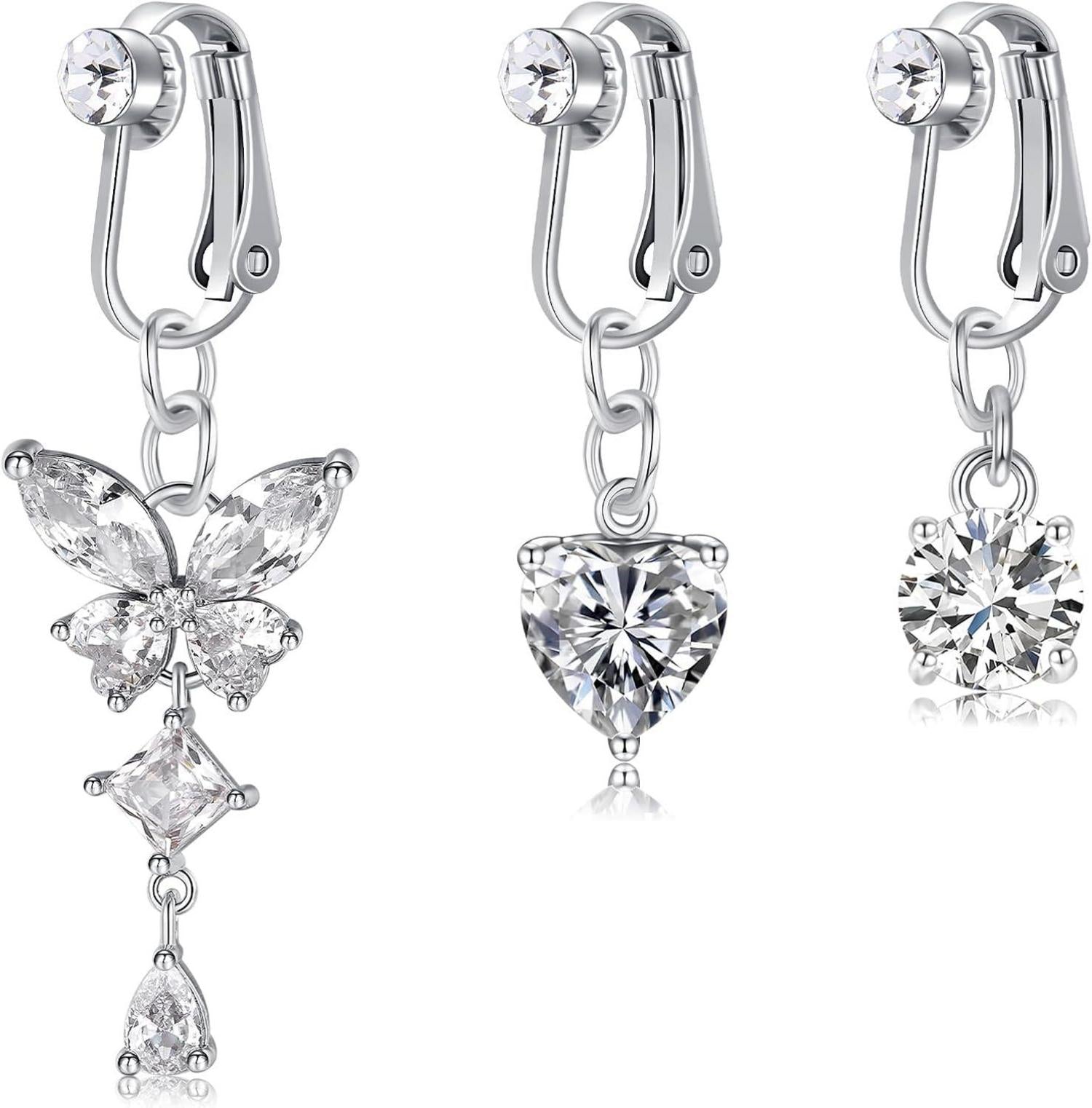 Fake Bauchnabelpiercing Set Silber CZ Herz Schmetterling Anhänger