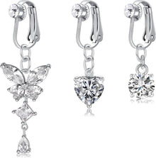 Fake Bauchnabelpiercing Set Silber CZ Herz Schmetterling Anhänger
