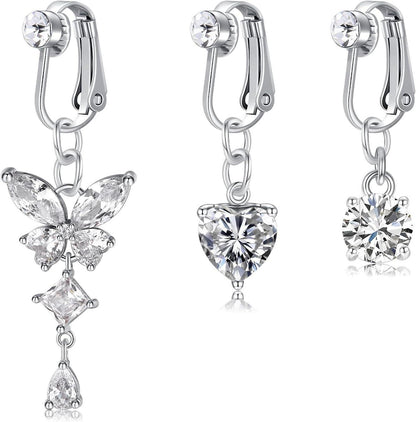 Fake Bauchnabelpiercing Set Silber CZ Herz Schmetterling Anhänger