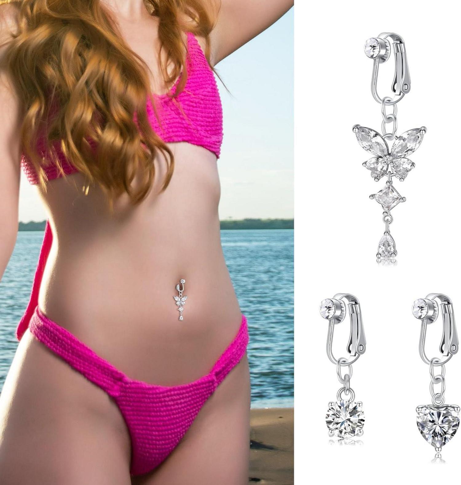 3 Stück Fake Bauchnabelpiercing Set Silber Lang Kristall