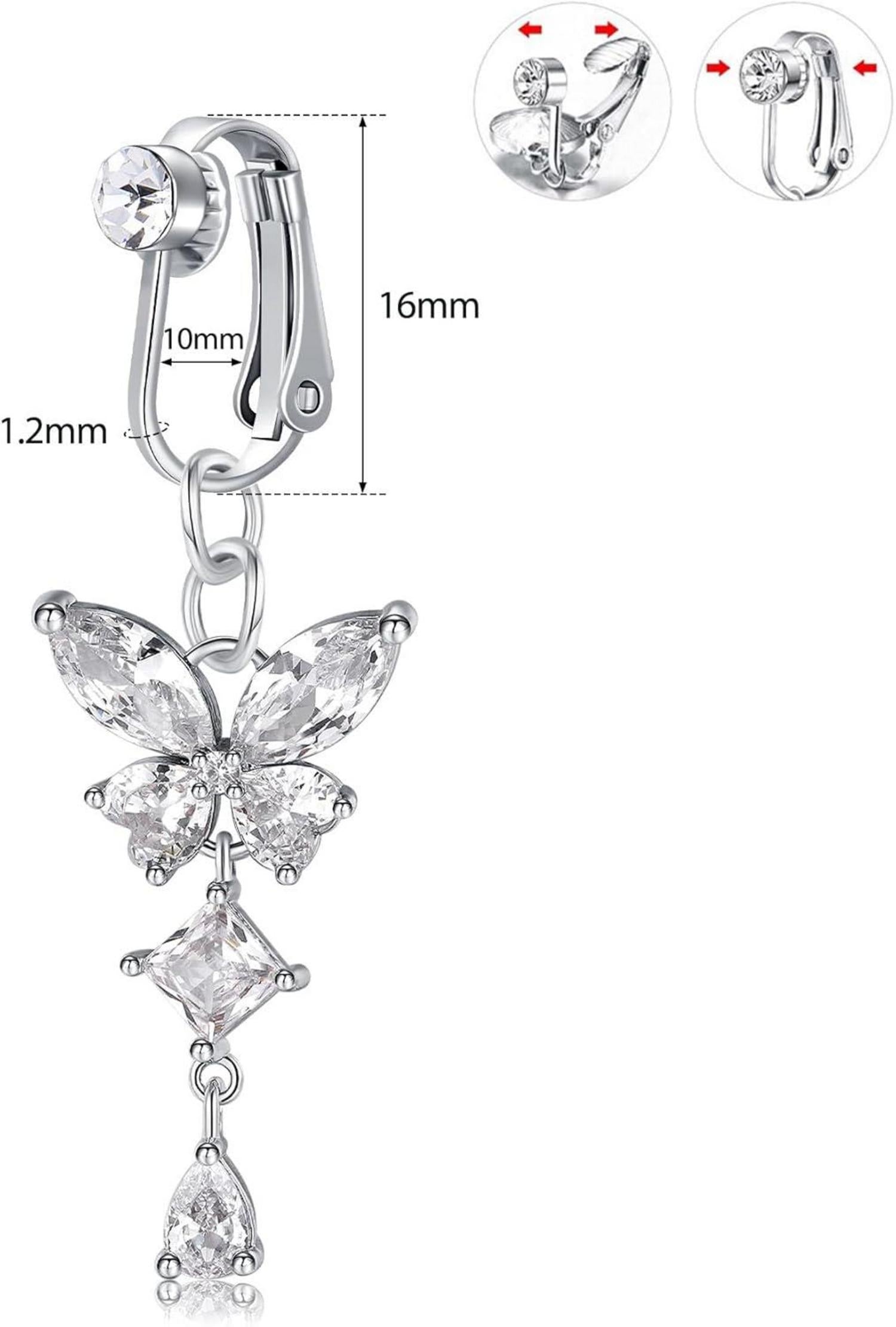 Fake Bauchnabelpiercing Set Silber CZ Herz Schmetterling Anhänger