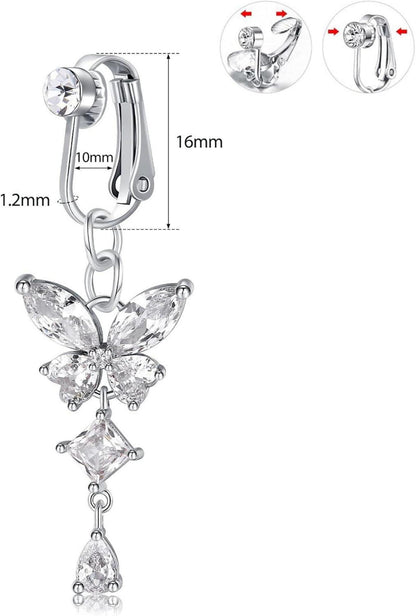 Fake Bauchnabelpiercing Set Silber CZ Herz Schmetterling Anhänger