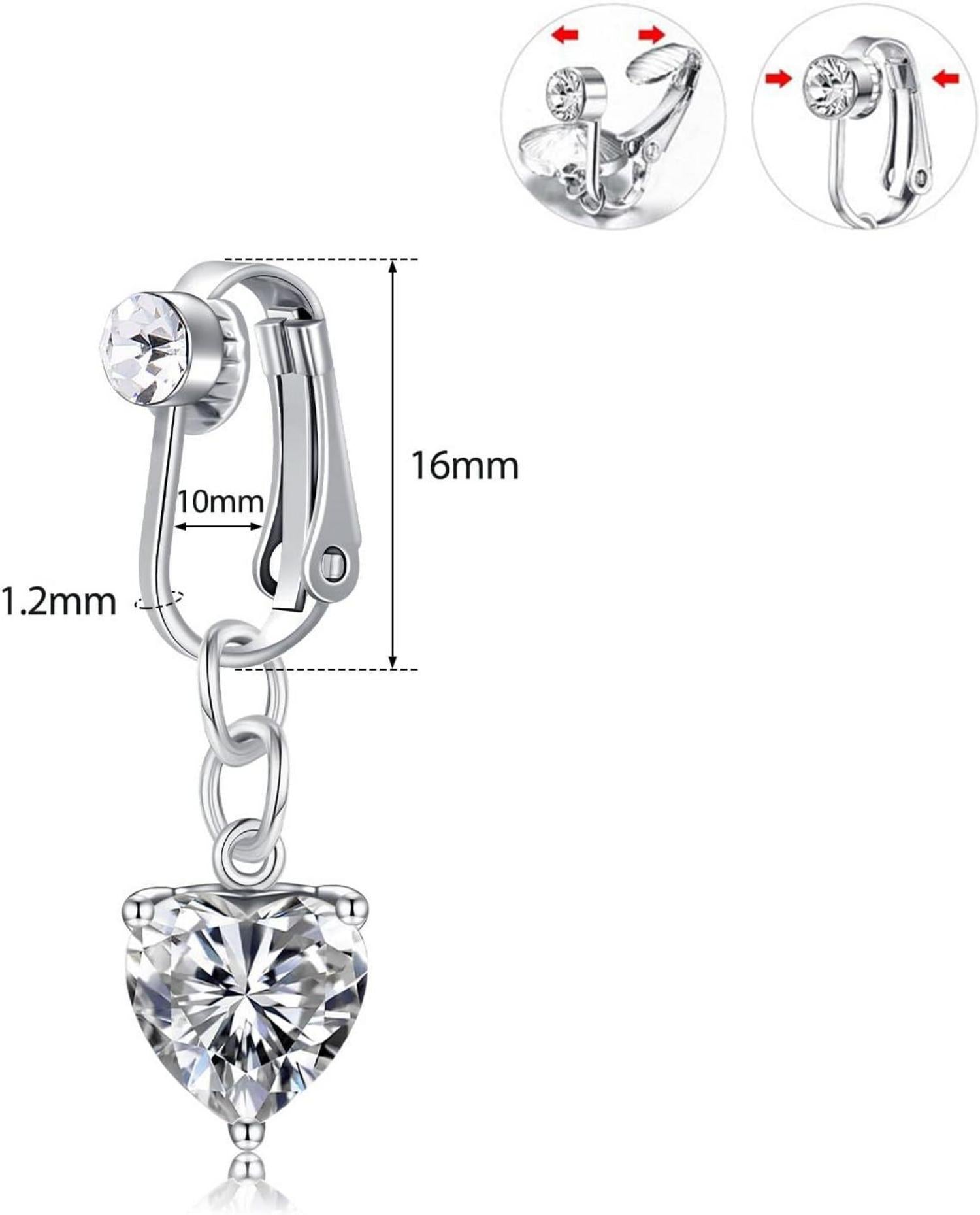 3 Stück Fake Bauchnabelpiercing Silber 316L Chirurgenstahl CZ Herz Schmetterling