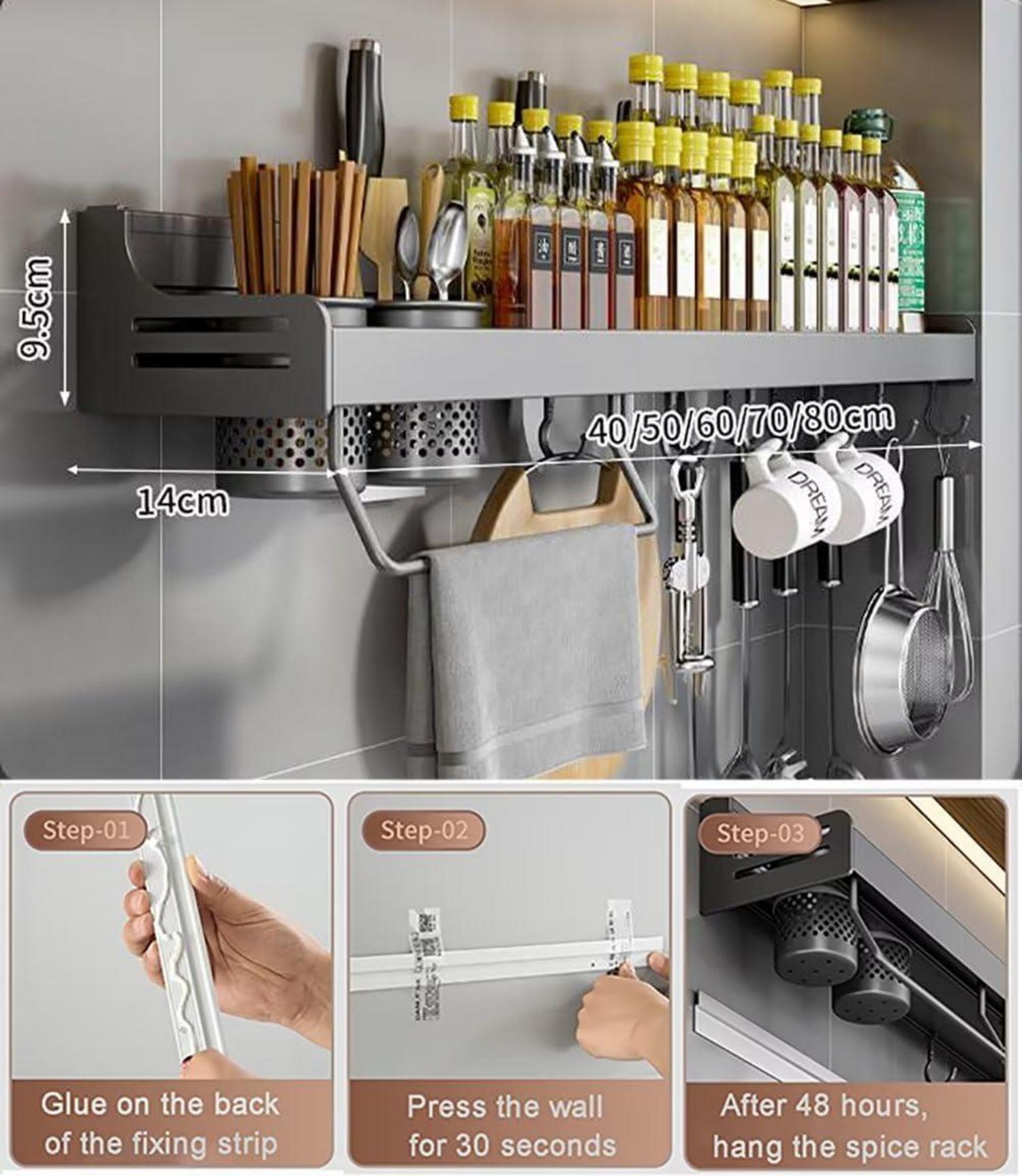 Gewürzregal Wand Hängend 6 Haken 2 Hängebecher 40cm Grau