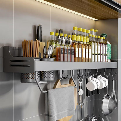 Gewürzregal Wand ohne Bohren Hängend 10 Haken 2 Hängebecher 80cm Grau